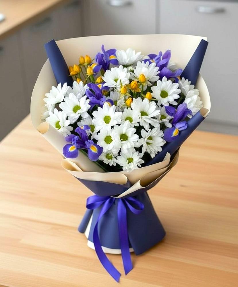 Букет цветов из: Розы, Ирисы и Хризантемы в Грачевка