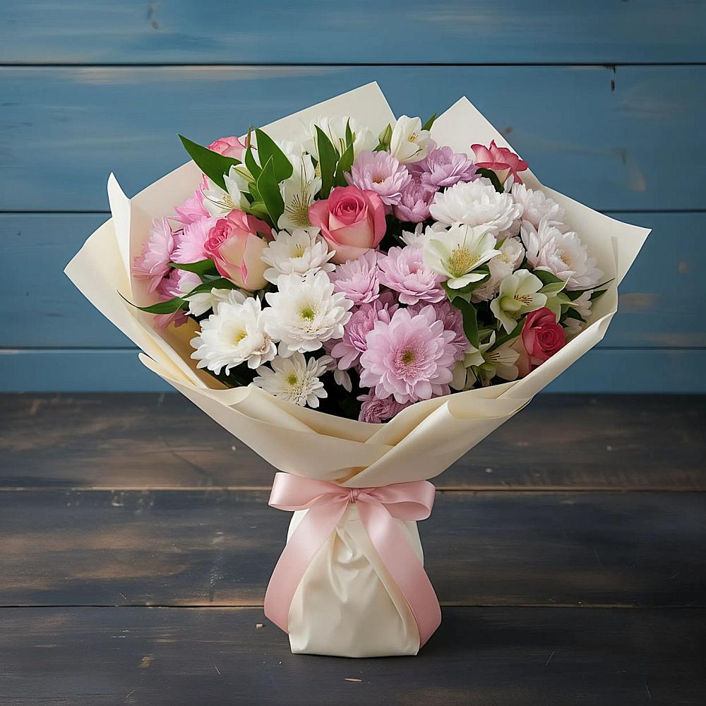 Букет цветов из: Хризантемы, Альстромерии и Розы в Грачевка